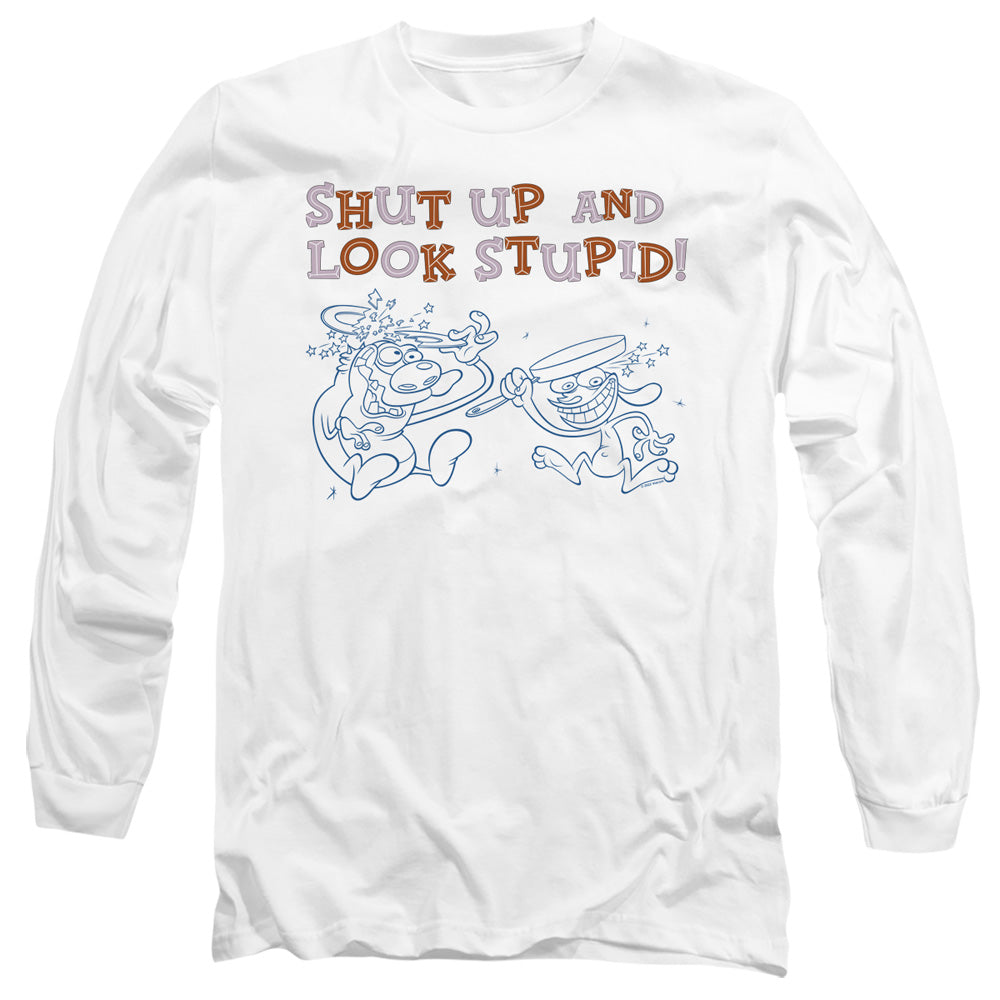 Ren And Stimpy Shut Up And Look Stupid! Mens Long Sleeve Shirt White