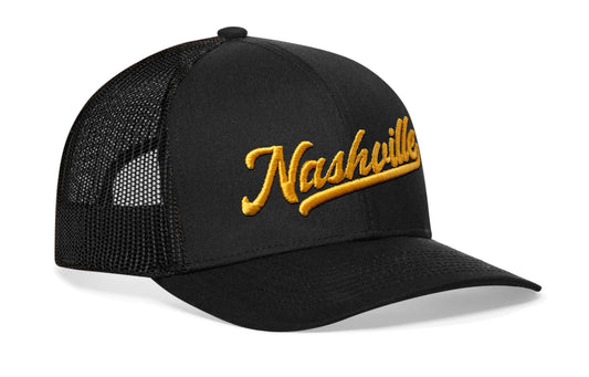 Nashville Gold Script Trucker Haka Hat Black Tennessee Snapback