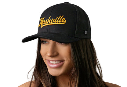 Nashville Gold Script Trucker Haka Hat Black Tennessee Snapback