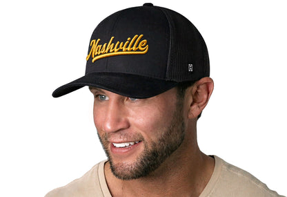 Nashville Gold Script Trucker Haka Hat Black Tennessee Snapback