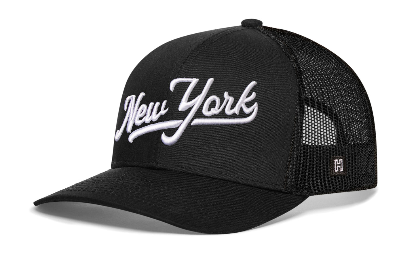 New York City White Script Trucker Haka Hat Black New York Snapback