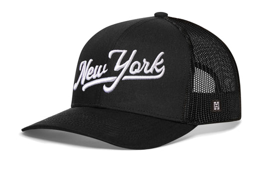 New York City White Script Trucker Haka Hat Black New York Snapback