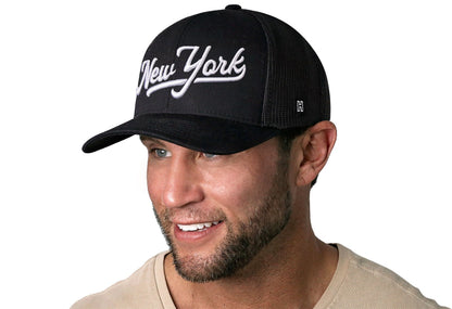 New York City White Script Trucker Haka Hat Black New York Snapback