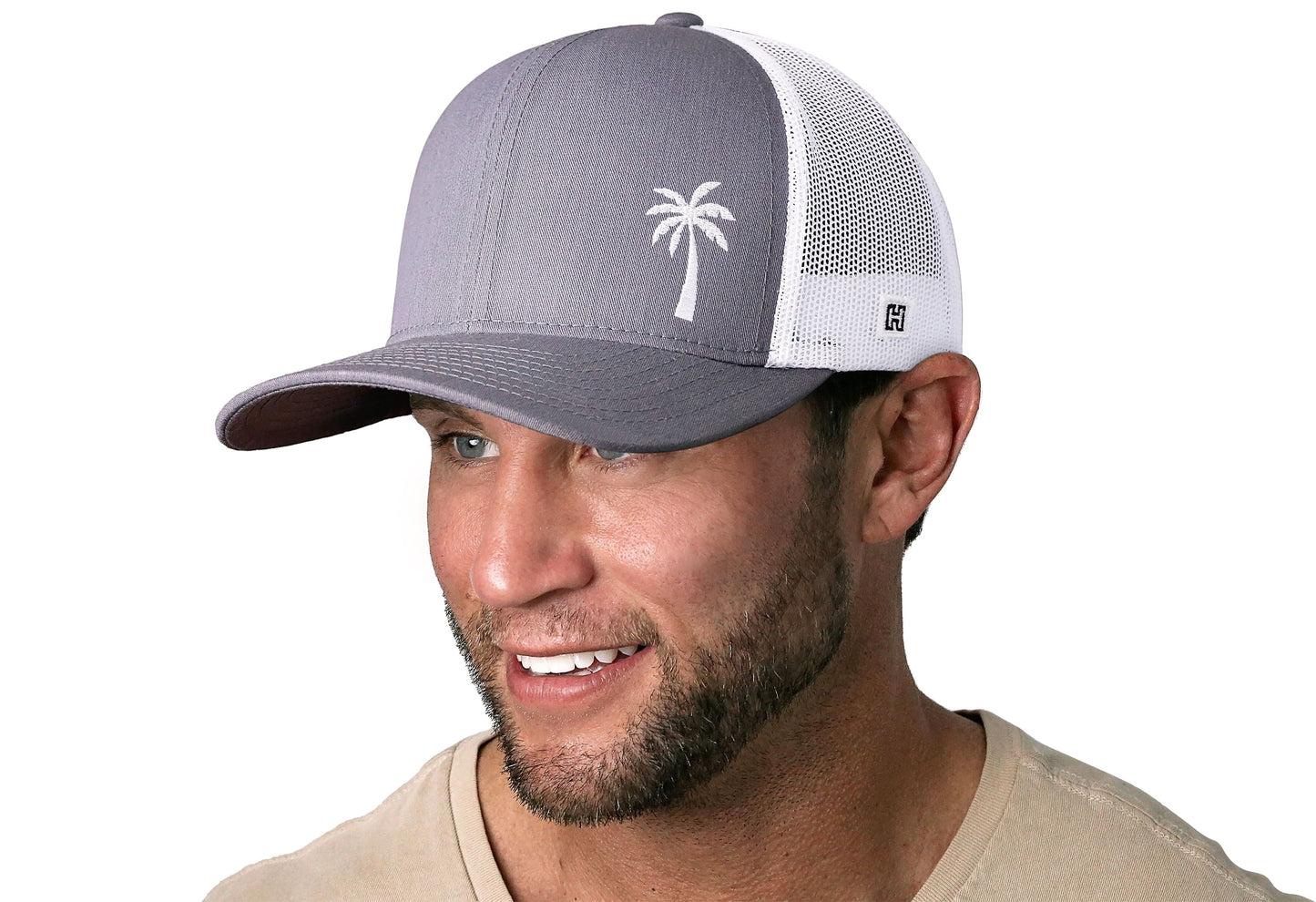 Palm Tree Trucker Haka Hat Gray-White Island Snapback