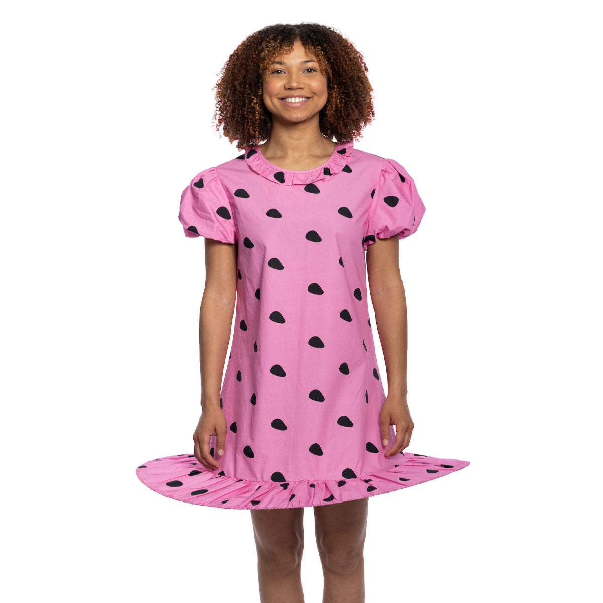 Peanuts Sally Comic Strip Halloween Costume: Pink Polka Dot Mini Dress with Puff Sleeves for Fun Cosplay