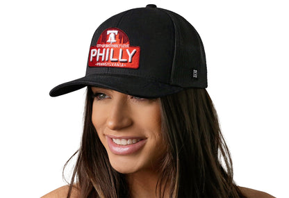 Philly City of Brotherly Love Trucker Haka Hat Black Cityscape Snapback