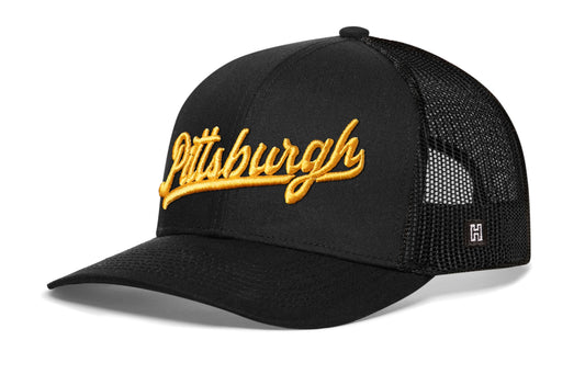 Pittsburgh Gold Script Trucker Haka Hat Black Pennsylvania Snapback
