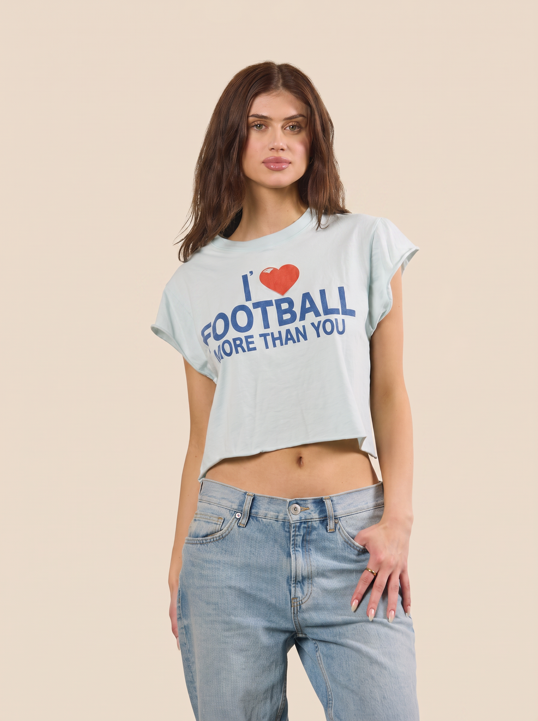 I Love Football More Than You Baby Tee Womens T Shirt Light Blue