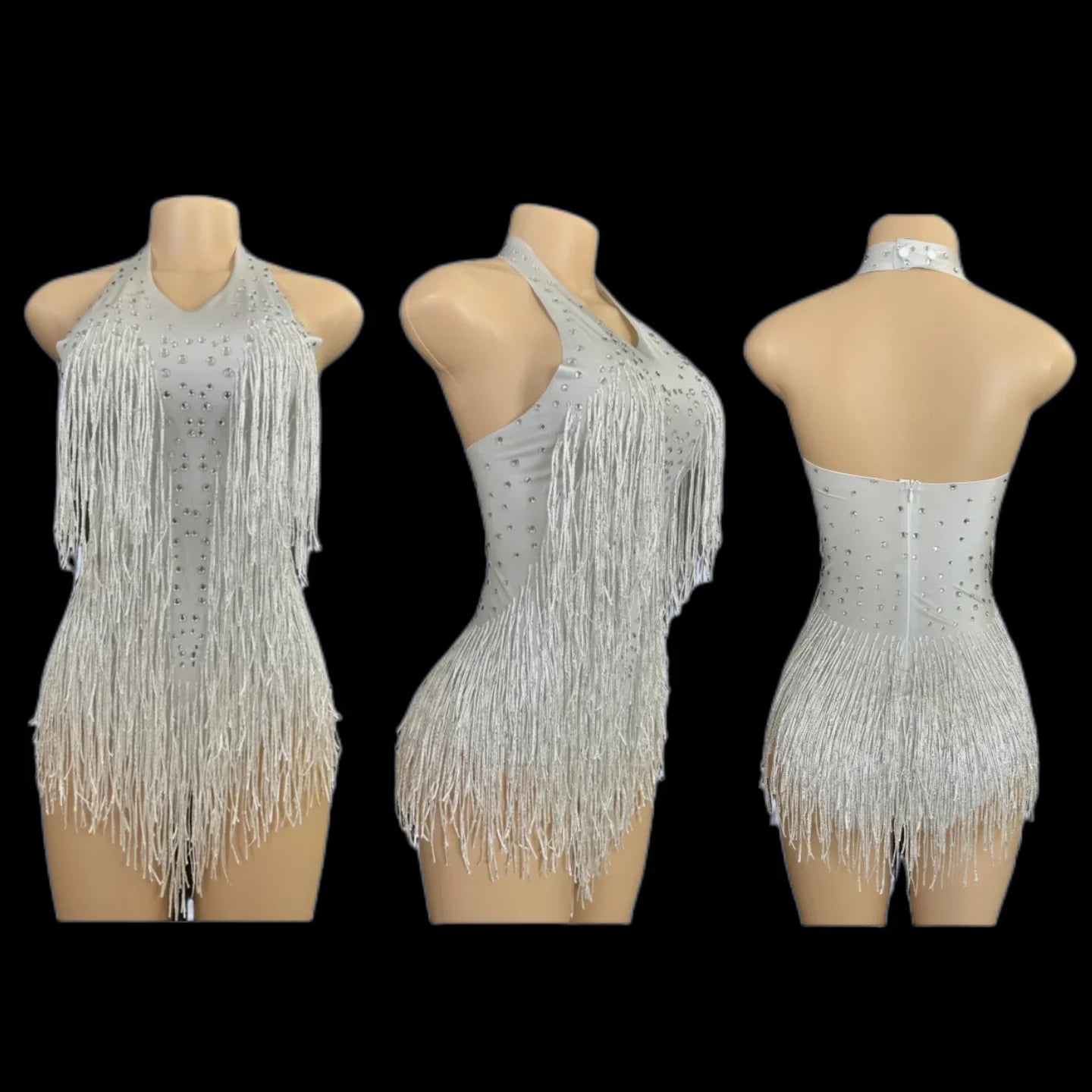 Sparkly Rhinestones Fringe Bodysuit Women Vightclub Party Dance Costume