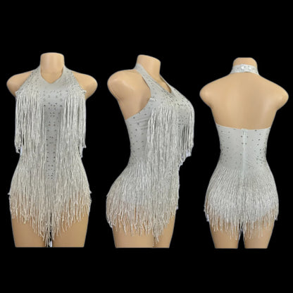 Sparkly Rhinestones Fringe Bodysuit Women Vightclub Party Dance Costume
