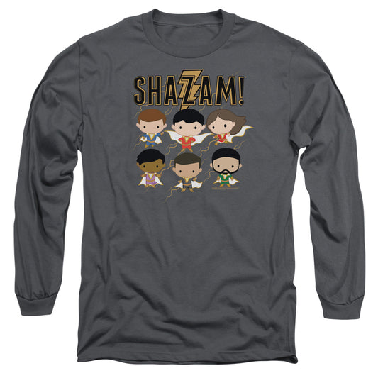 Shazam Movie Chibi Group Mens Long Sleeve Shirt Charcoal Officially Licensed