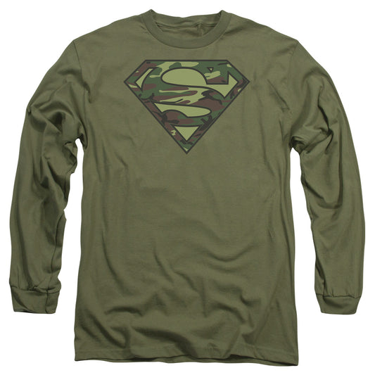 Superman Camo Logo Mens Long Sleeve Shirt Military Green Officially Licensed