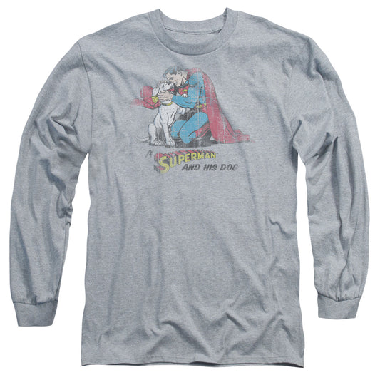 Superman And His Dog Mens Long Sleeve Shirt Athletic Heather Officially Licensed