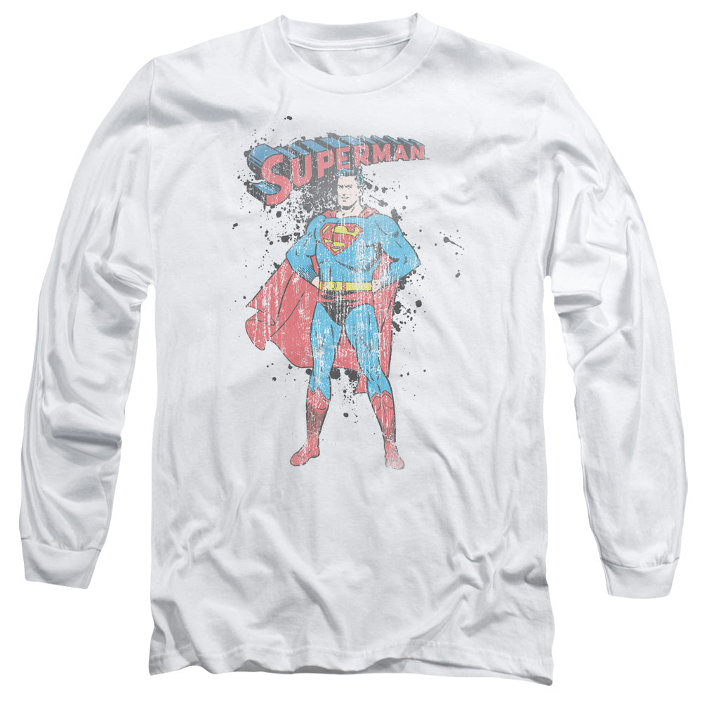 Superman Vintage Ink Splatter Mens Long Sleeve Shirt White Officially Licensed