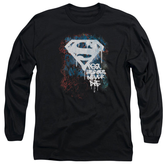 Superman Real Heroes Never Die Mens Long Sleeve Shirt Black Officially Licensed