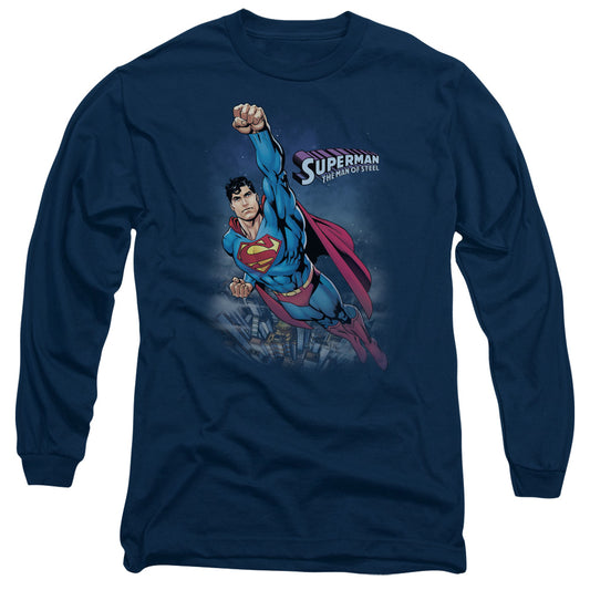 Superman Twilight Flight Mens Long Sleeve Shirt Navy Officially Licensed
