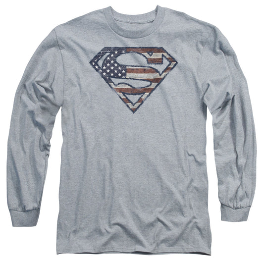 Superman Wartorn Flag Mens Long Sleeve Shirt Athletic Heather Officially Licensed
