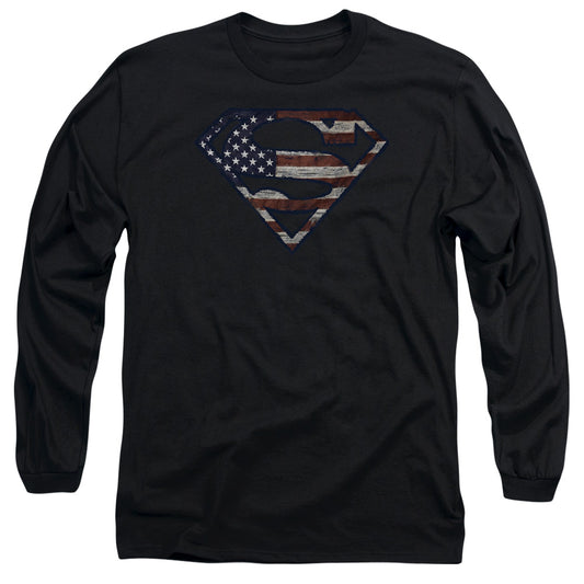 Superman Wartorn Flag Mens Long Sleeve Shirt Black Officially Licensed