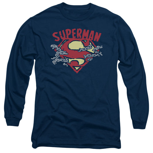 Superman Chain Breaking Mens Long Sleeve Shirt Navy Officially Licensed