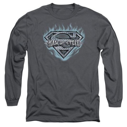 Superman Man Of Steel Shield Mens Long Sleeve Shirt Charcoal Officially Licensed