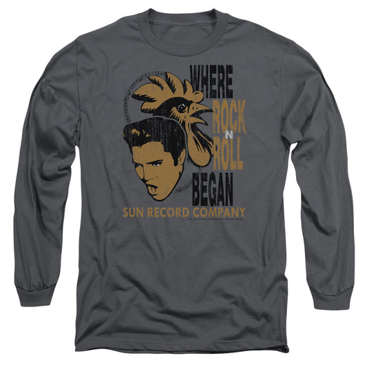 Sun Elvis And Rooster Mens Long Sleeve Shirt Charcoal Officially Licensed