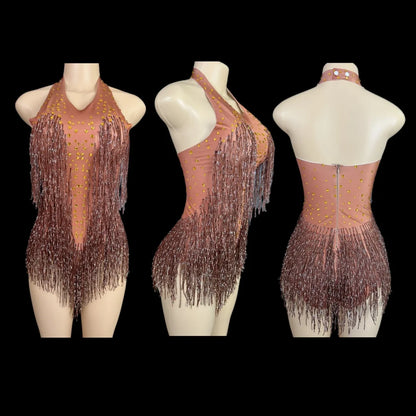 Sparkly Rhinestones Fringe Bodysuit Women Vightclub Party Dance Costume