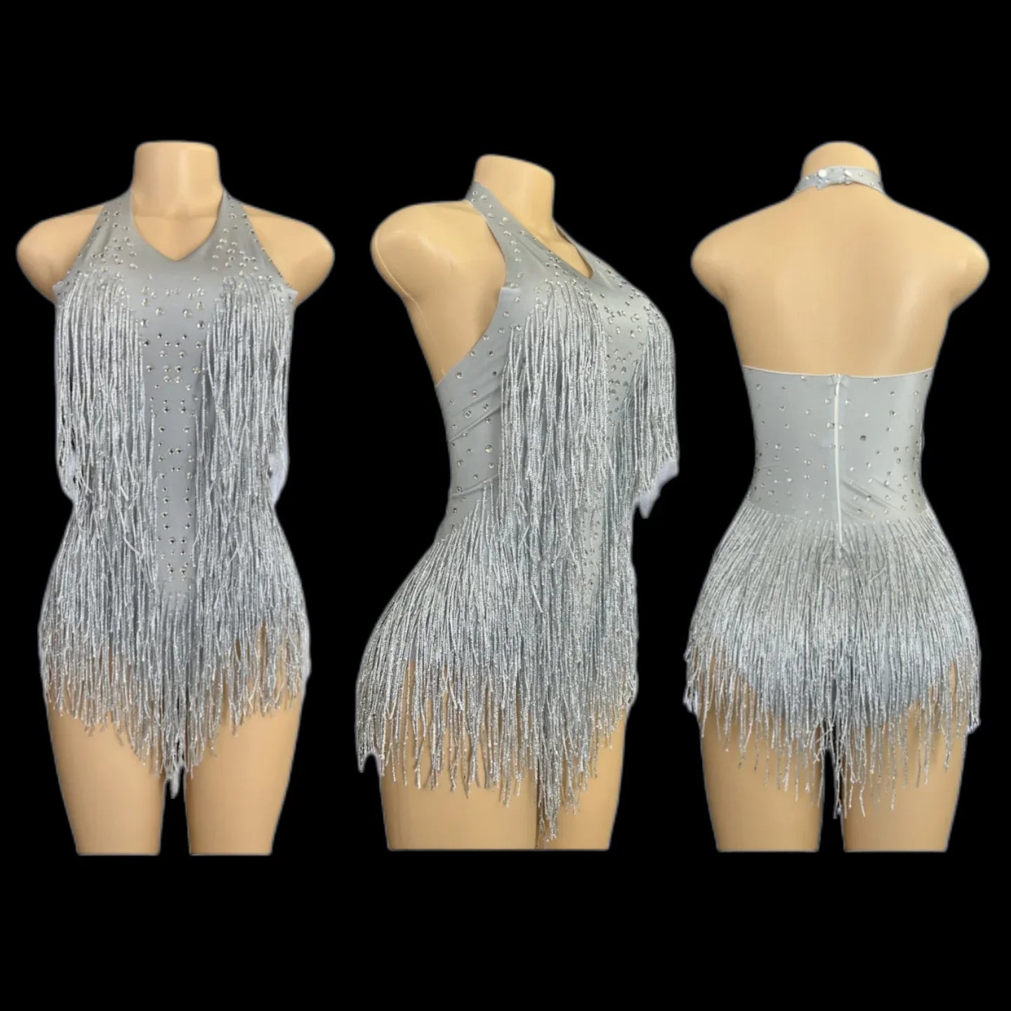 Sparkly Rhinestones Fringe Bodysuit Women Vightclub Party Dance Costume