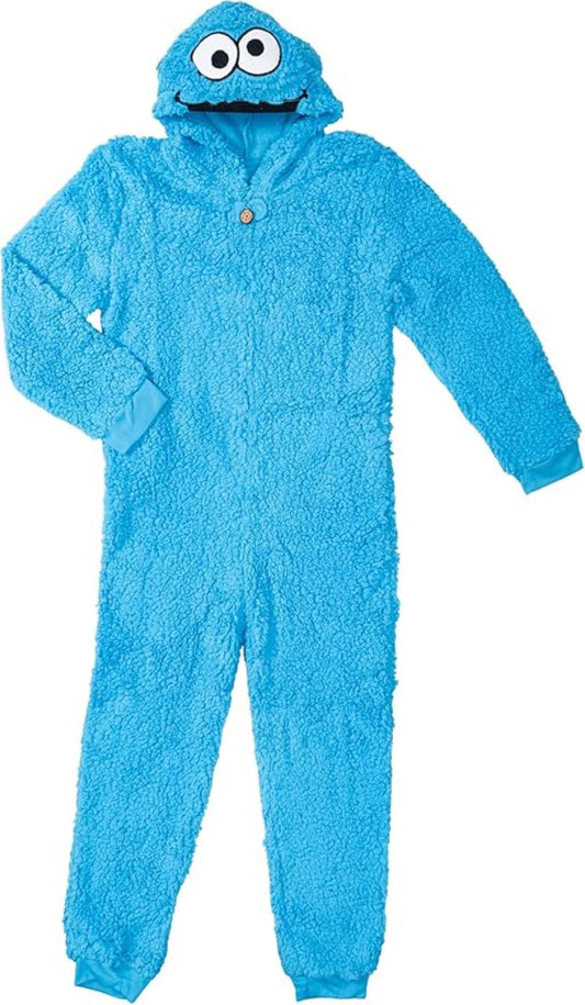 Kids Youth Officially Licensed Sesame Cookie Monster Halloween Cosplay Costume Fleece Jumpsuit
