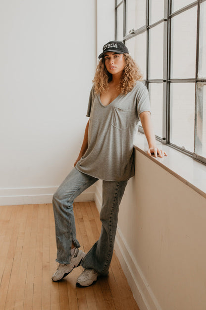 Spin Mag Top Womens V Neck Pocket T Shirt Grey
