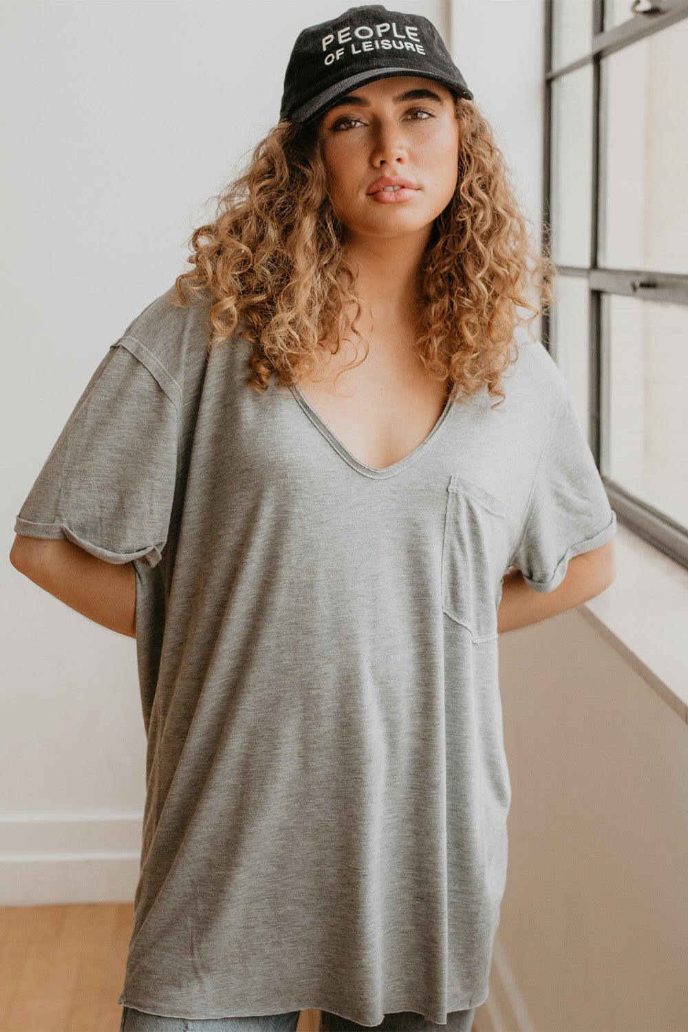 Spin Mag Top Womens V Neck Pocket T Shirt Grey