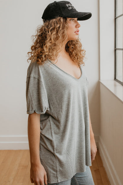 Spin Mag Top Womens V Neck Pocket T Shirt Grey