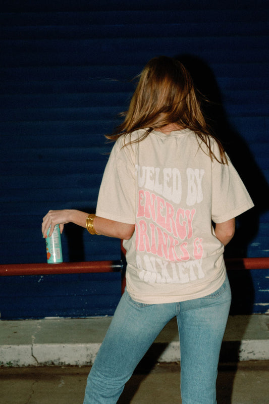 Fueled By Energy Drinks and Anxiety Graphic Tee Womens T Shirt