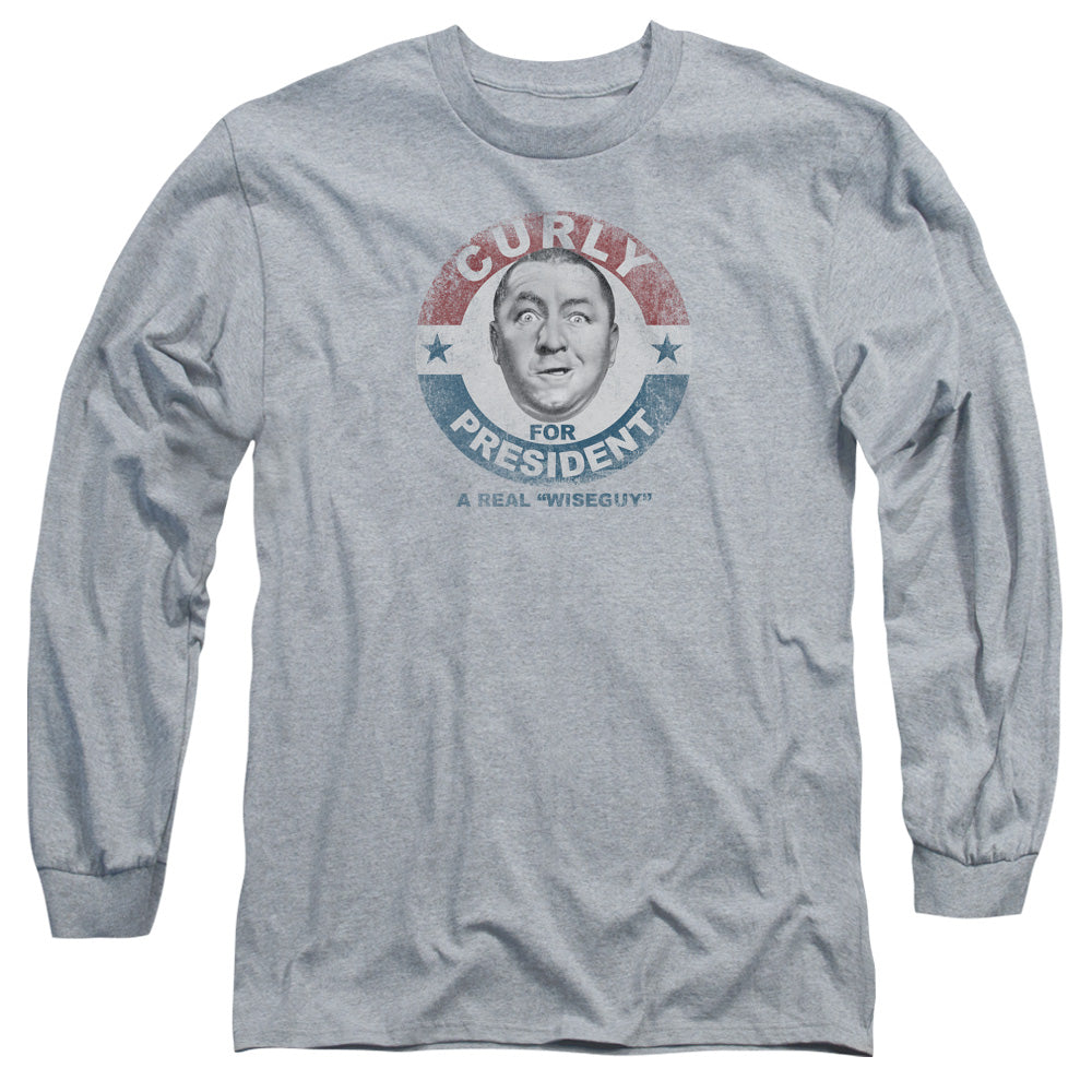Three Stooges Curly For President Mens Long Sleeve Shirt Athletic Heather Officially Licensed