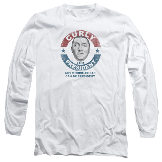Three Stooges Curly For President Mens Long Sleeve Shirt White Officially Licensed