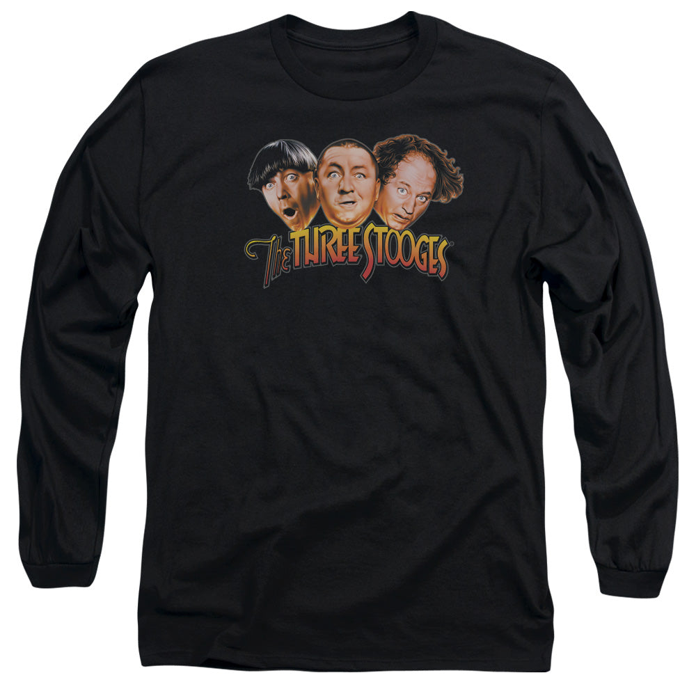Three Stooges Three Head Logo Mens Long Sleeve Shirt Black Officially Licensed