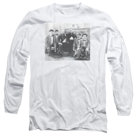 Three Stooges Hello Mens Long Sleeve Shirt White Officially Licensed