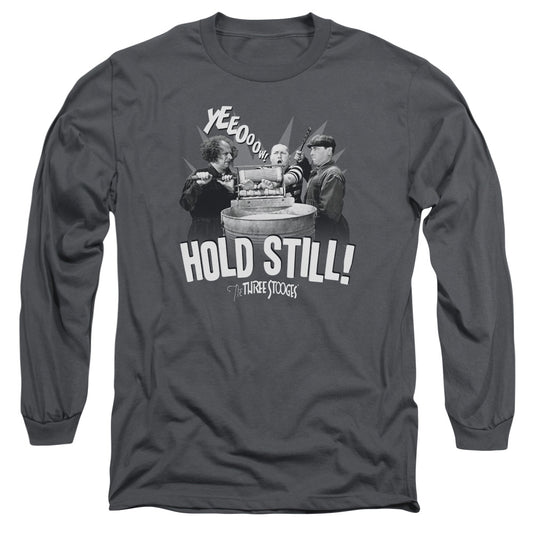 Three Stooges Hold Still Mens Long Sleeve Shirt Charcoal Officially Licensed