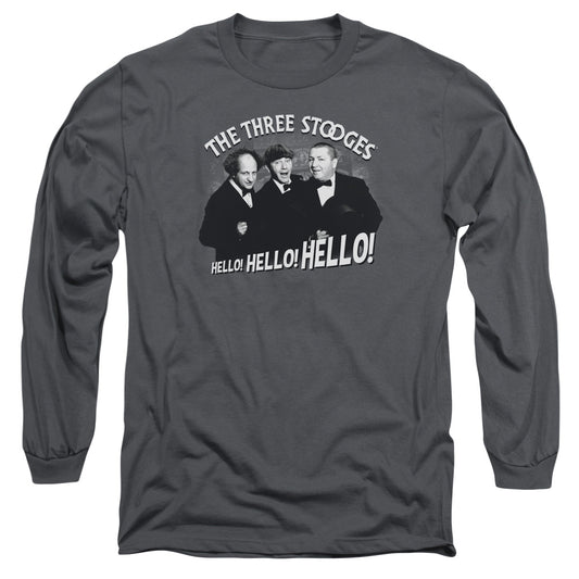 Three Stooges Hello Again Mens Long Sleeve Shirt Charcoal Officially Licensed