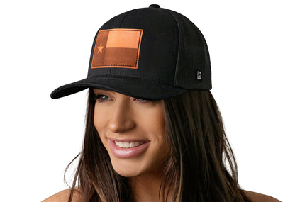 Texas Flag Trucker Leather Haka Hat Black Texas Flag Snapback