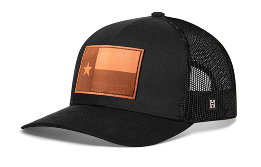 Texas Flag Trucker Leather Haka Hat Black Texas Flag Snapback