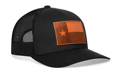 Texas Flag Trucker Leather Haka Hat Black Texas Flag Snapback