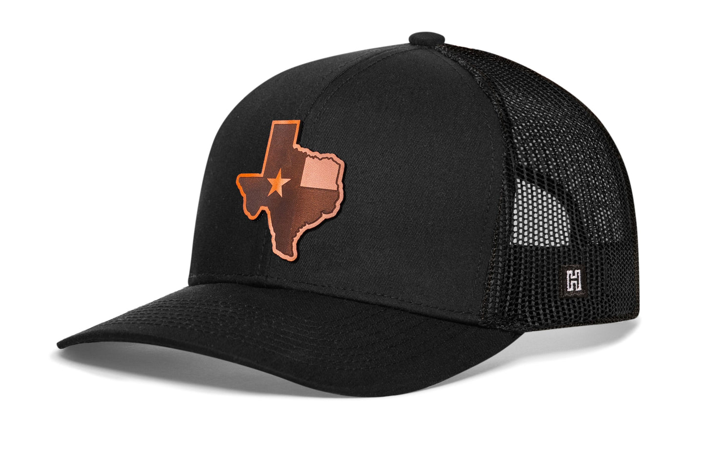 Texas Flag Trucker Leather Haka Hat Black Texas Flag Cut to Shape Snapback