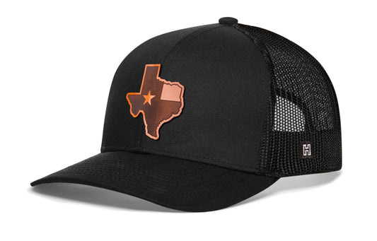 Texas Flag Trucker Leather Haka Hat Black Texas Flag Cut to Shape Snapback