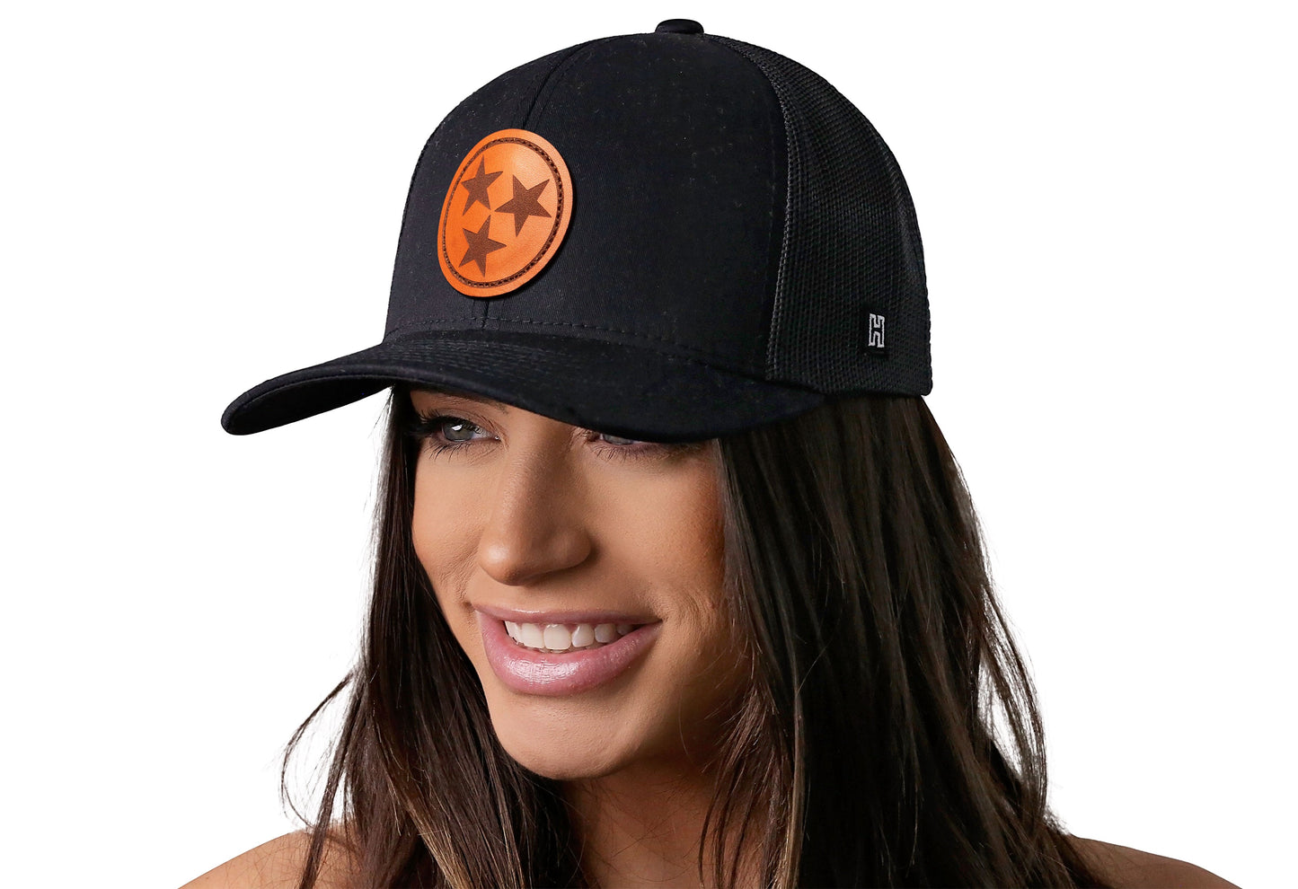 Tennessee Flag Trucker Leather Haka Hat Black Tennessee Flag Snapback