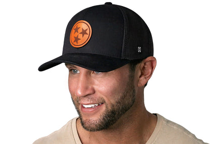 Tennessee Flag Trucker Leather Haka Hat Black Tennessee Flag Snapback