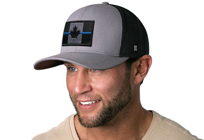 Thin Blue Line Trucker Haka Hat Gray-Black Canadian Maple Leaf Tactical Snapback
