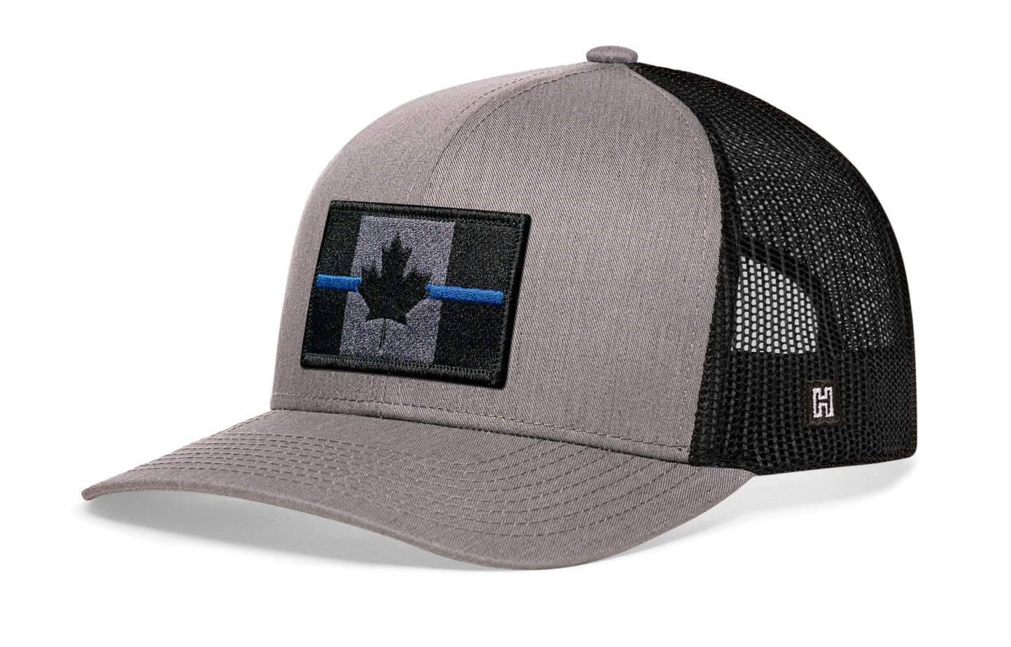 Thin Blue Line Trucker Haka Hat Gray-Black Canadian Maple Leaf Tactical Snapback