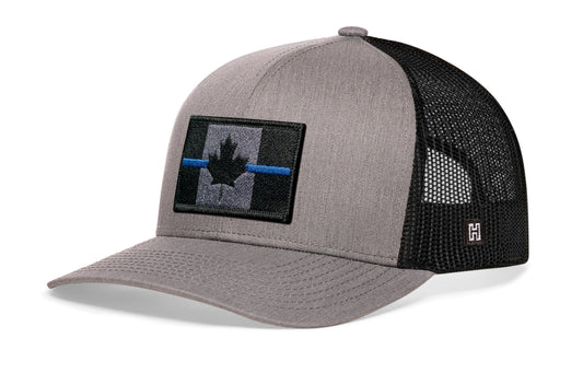 Thin Blue Line Trucker Haka Hat Gray-Black Canadian Maple Leaf Tactical Snapback