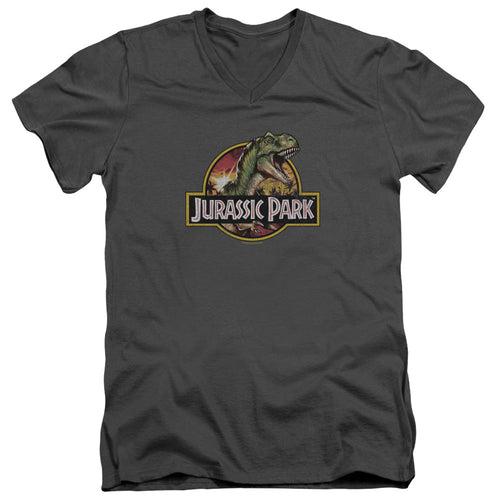 Jurassic Park Retro Rex Mens Slim Fit V-Neck T Shirt Charcoal
