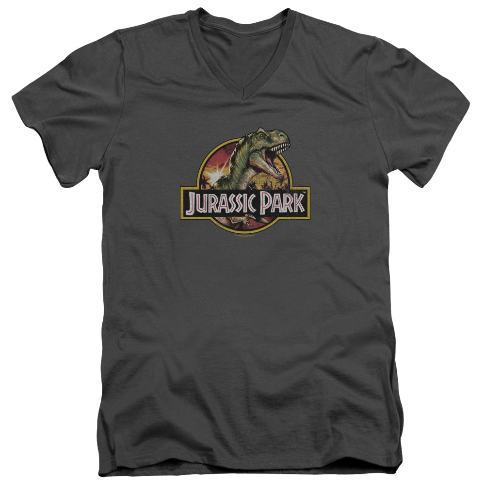 Jurassic Park Retro Rex Mens Slim Fit V-Neck T Shirt Charcoal